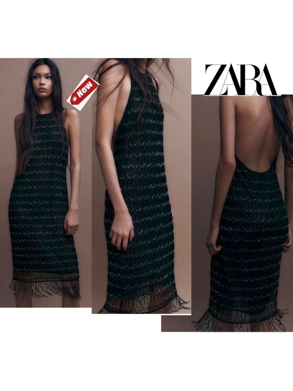 Zara Festive days limited collection black silver beaded fringe midi dress L NWT